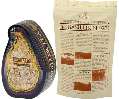 Puszka Basilur Special w kształcie Sri Lanki z torebką foliową wewnątrz.