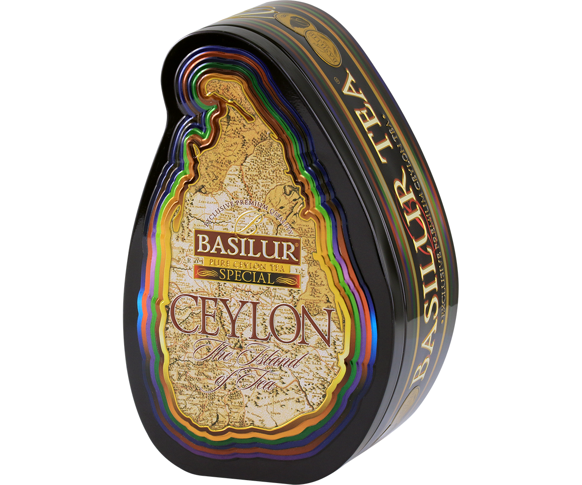 Herbata Basilur Special w ozdobnym, metalowym opakowaniu widziana z lewej strony.