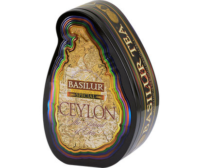 Herbata Basilur Special w ozdobnym, metalowym opakowaniu widziana z lewej strony.