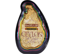 Czarna puszka Basilur Special z mapą Cejlonu na przodzie.