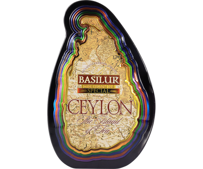 Czarna puszka Basilur Special z mapą Cejlonu na przodzie.