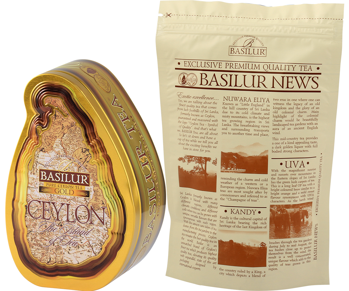 Puszka Basilur Gold w kształcie Sri Lanki z torebką foliową wewnątrz.