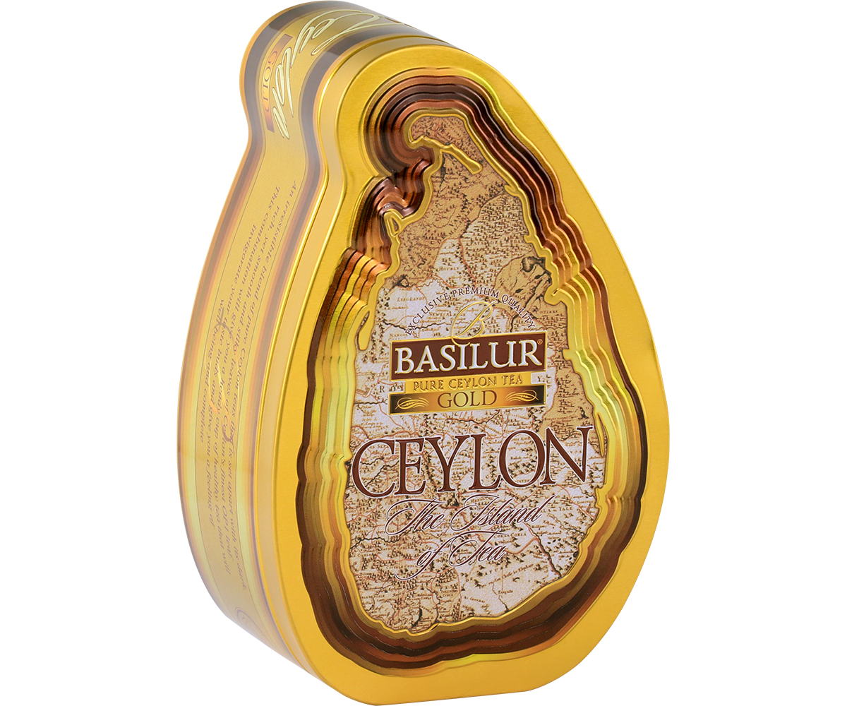 Herbata Basilur Gold w ozdobnym, metalowym opakowaniu widziana z lewej strony.