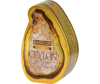 Elegancka złota puszka Basilur Gold widziana z prawej strony.