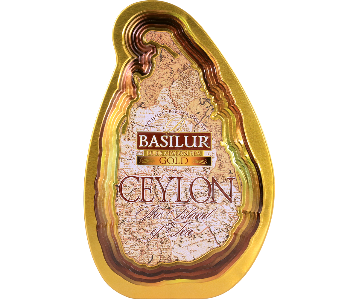 Złota puszka Basilur Gold z mapą Cejlonu na przodzie.