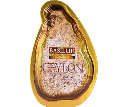 Złota puszka Basilur Gold z mapą Cejlonu na przodzie.