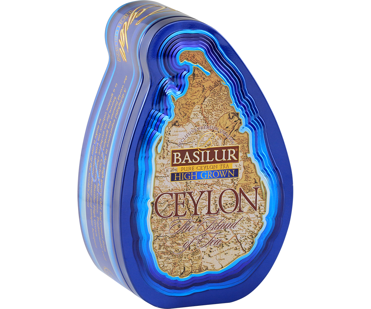 Herbata Basilur High Grown w ozdobnej, metalowej puszce widziana z lewej strony.