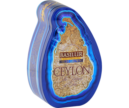 Herbata Basilur High Grown w ozdobnej, metalowej puszce widziana z lewej strony.