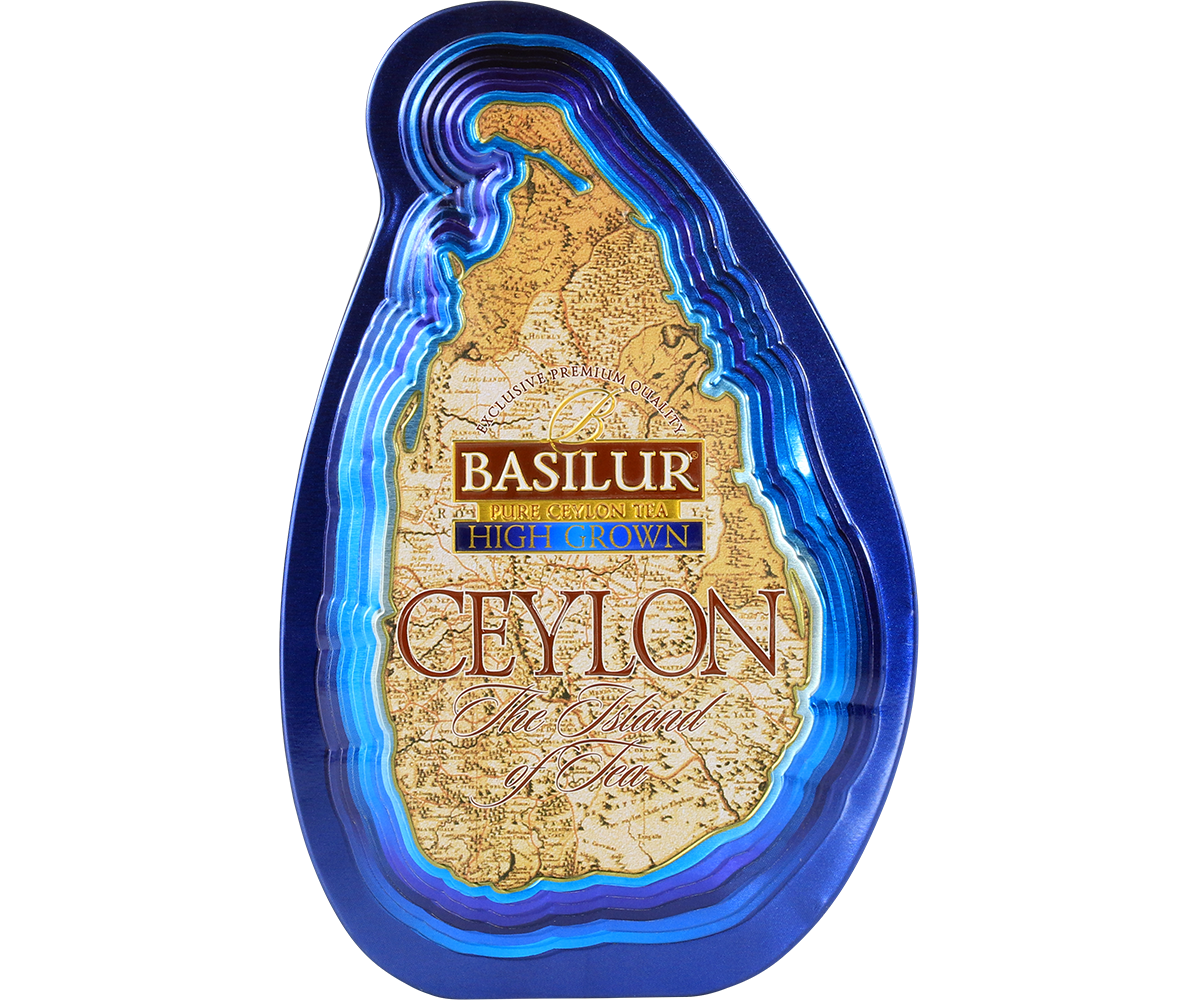 Niebieska puszka Basilur High Grown z mapą Cejlonu na przodzie.