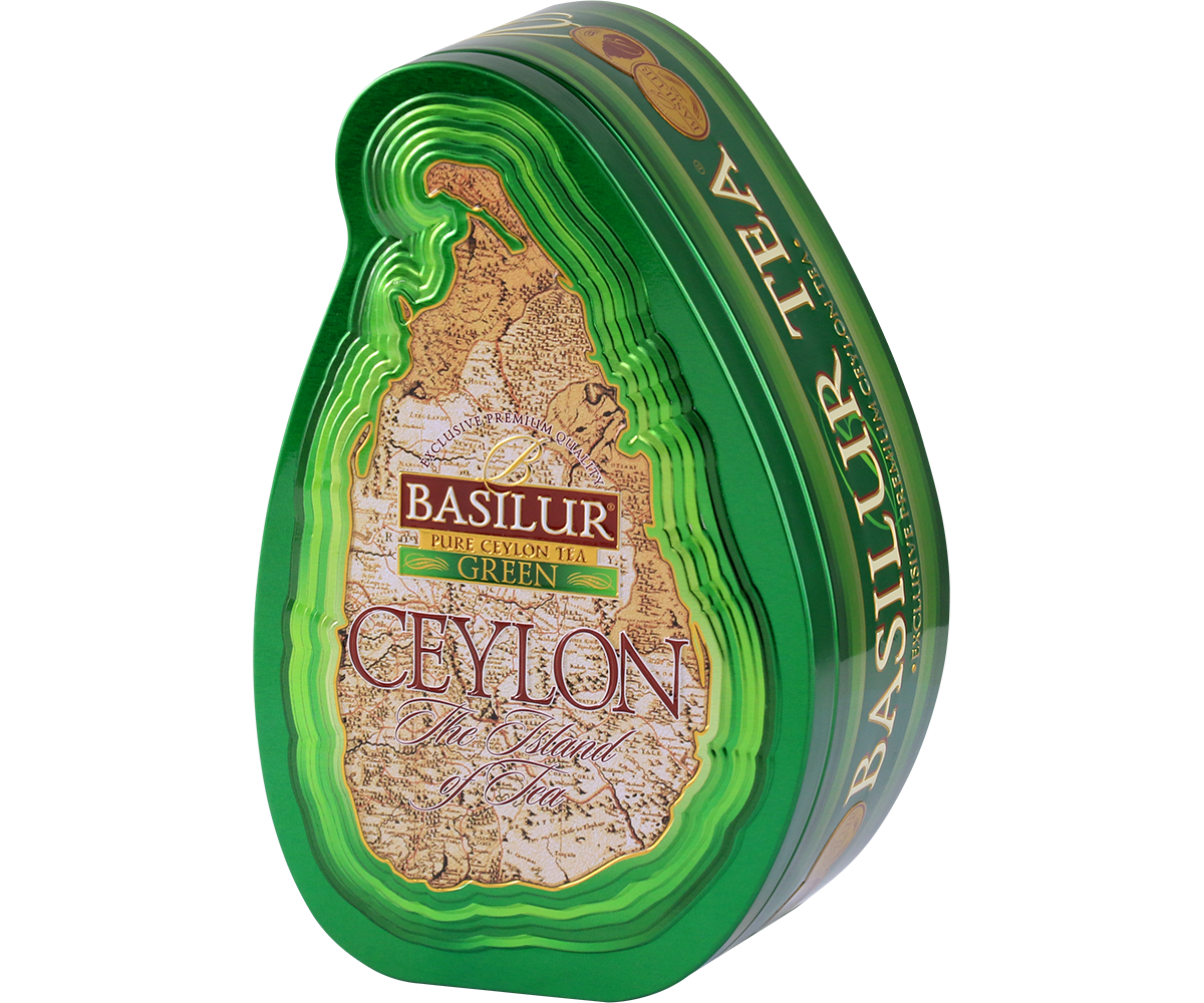 Puszka Basilur Green widziana z boku – elegancki design.