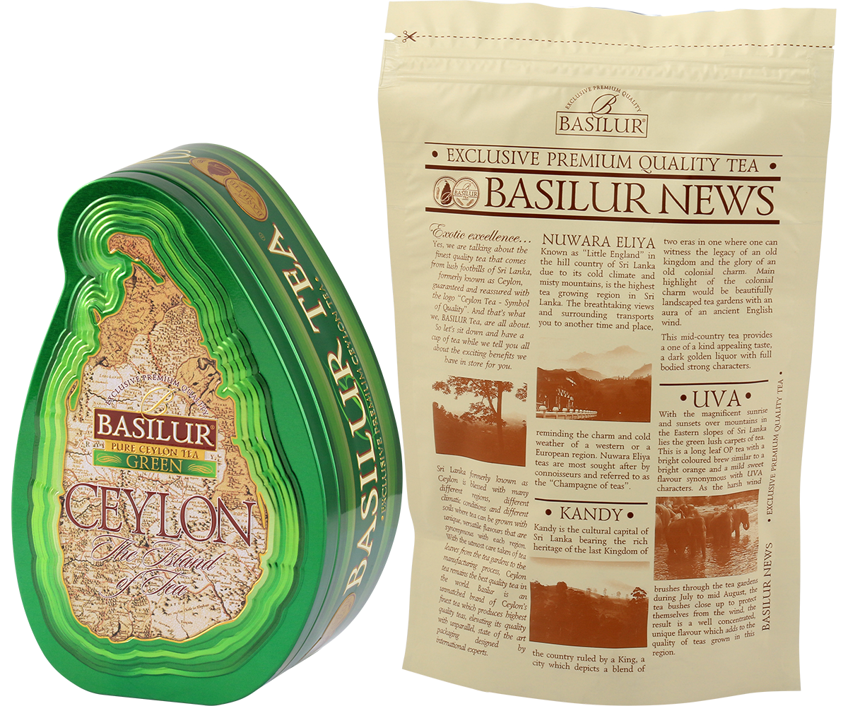 Herbata Basilur Green z opakowaniem foliowym wewnątrz.