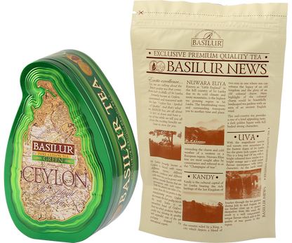 Herbata Basilur Green z opakowaniem foliowym wewnątrz.