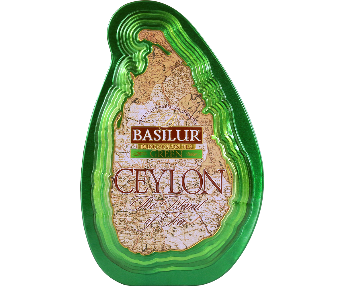 Zielona herbata Basilur Green w ozdobnej puszce w kształcie wyspy Cejlon.