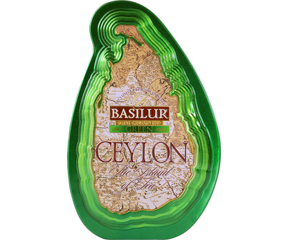 Zielona herbata Basilur Green w ozdobnej puszce w kształcie wyspy Cejlon.