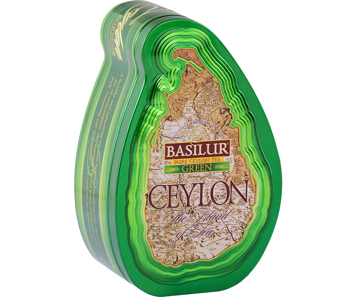 Opakowanie Basilur Green z mapą Cejlonu i złotymi detalami.