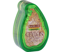 Opakowanie Basilur Green z mapą Cejlonu i złotymi detalami.