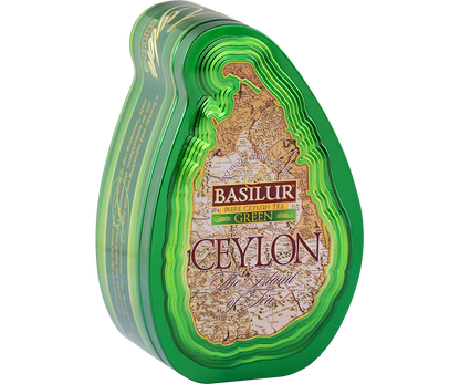 Opakowanie Basilur Green z mapą Cejlonu i złotymi detalami.