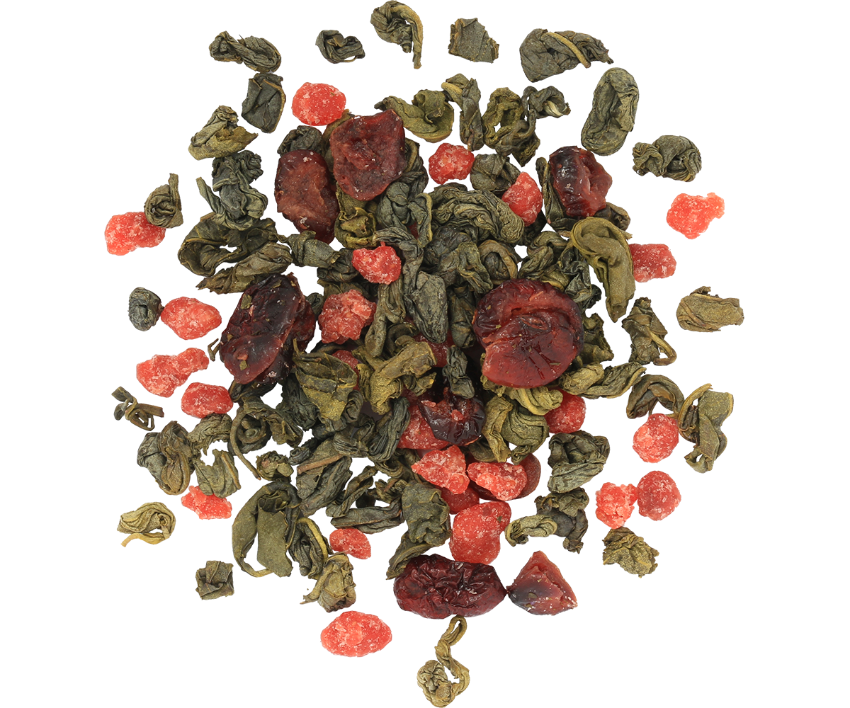 Liście zielonej herbaty Basilur z dodatkiem żurawiny i truskawek.