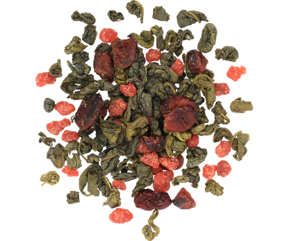 Liście zielonej herbaty Basilur z dodatkiem żurawiny i truskawek.