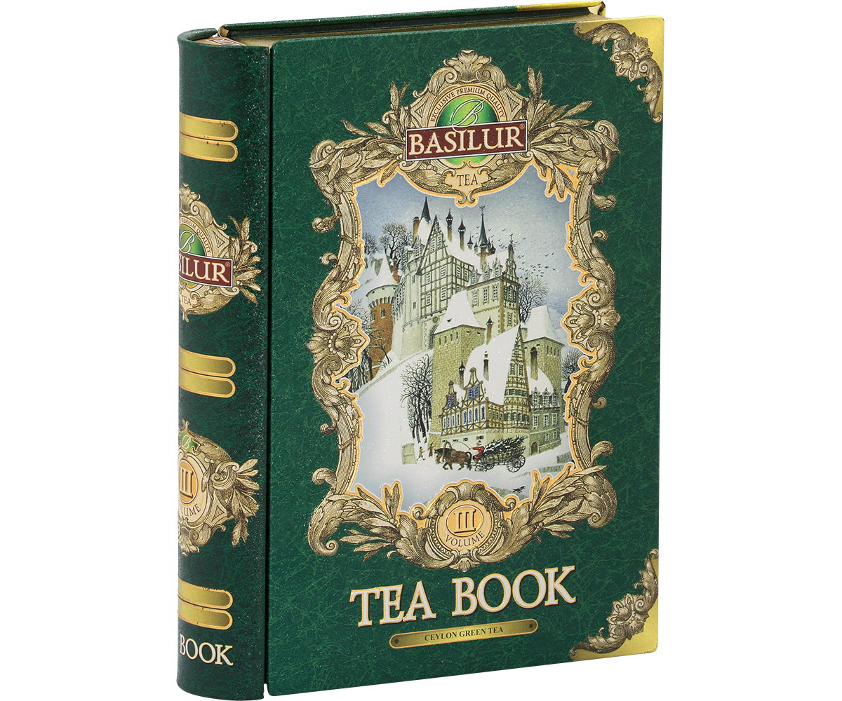 Widok boczny puszki Basilur Tea Book vol. III z zimową ilustracją.