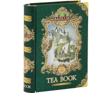 Widok boczny puszki Basilur Tea Book vol. III z zimową ilustracją.