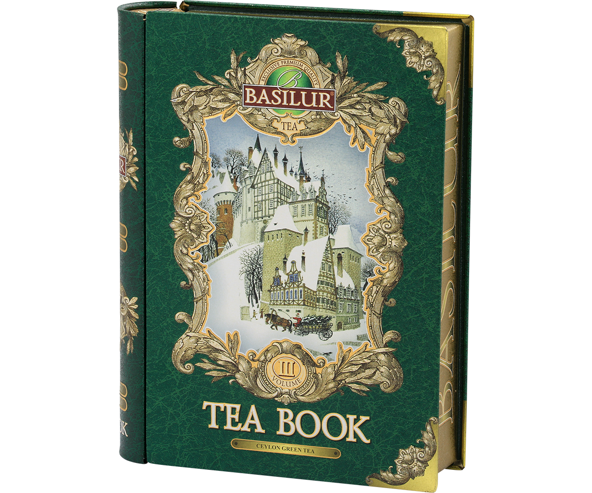 Elegancka puszka Basilur Tea Book vol. III z zimowym motywem.
