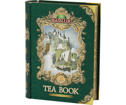 Elegancka puszka Basilur Tea Book vol. III z zimowym motywem.