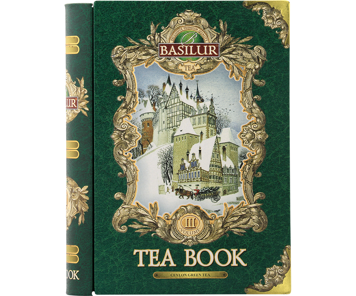Przód puszki Basilur Tea Book vol. III – zielona herbata cejlońska.