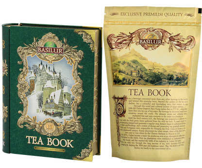 Herbata Basilur Tea Book vol. III – ozdobna puszka w kształcie książki z woreczkiem foliowym w środku.