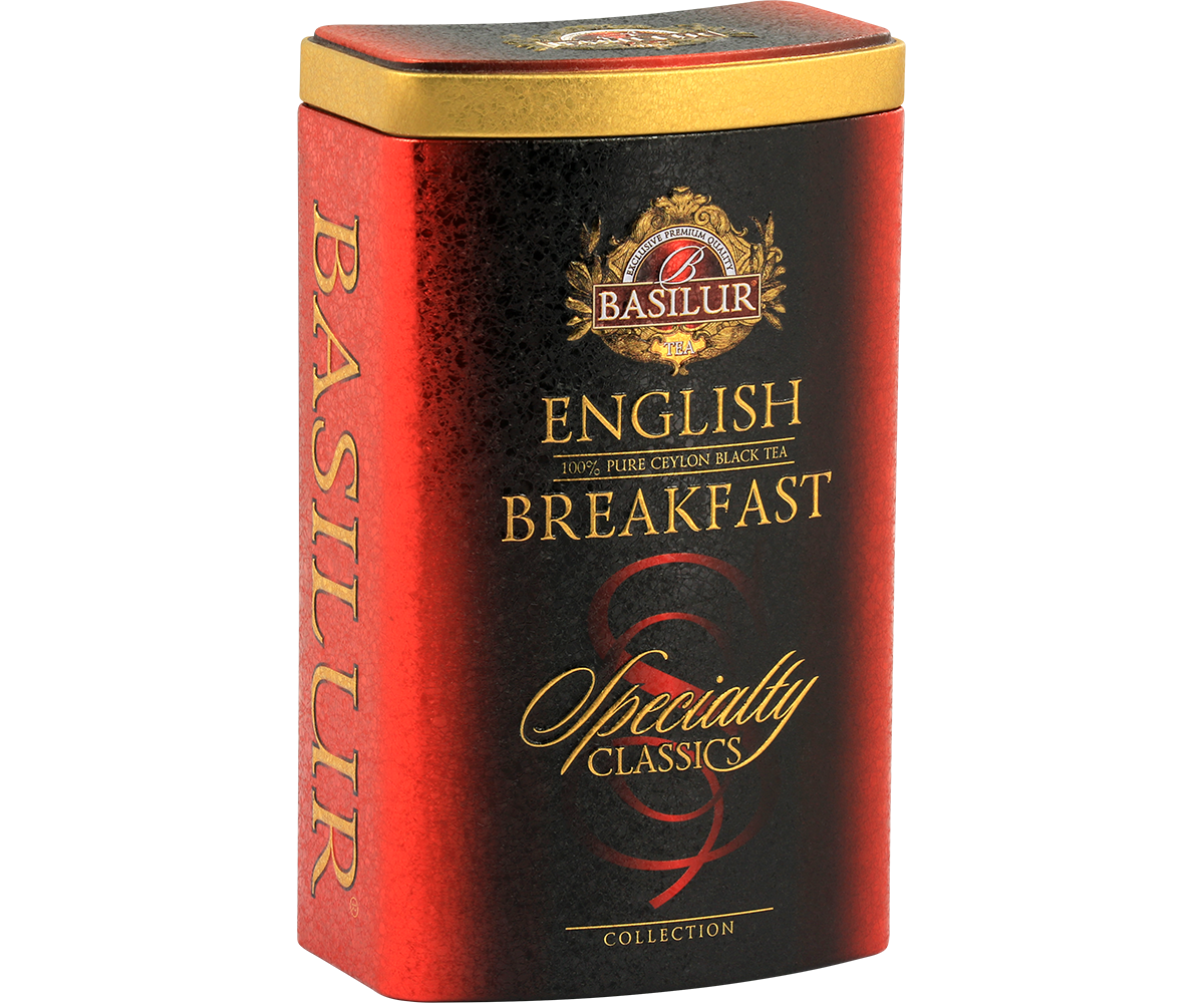 Puszka herbaty Basilur English Breakfast – widok z lewej strony.