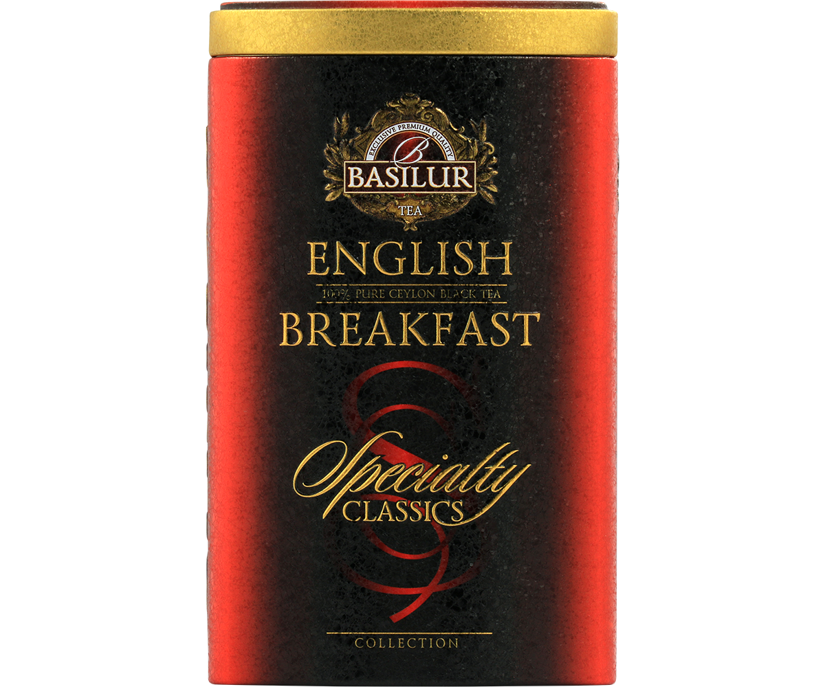 Herbata czarna Basilur English Breakfast w eleganckiej puszce – widok z przodu.