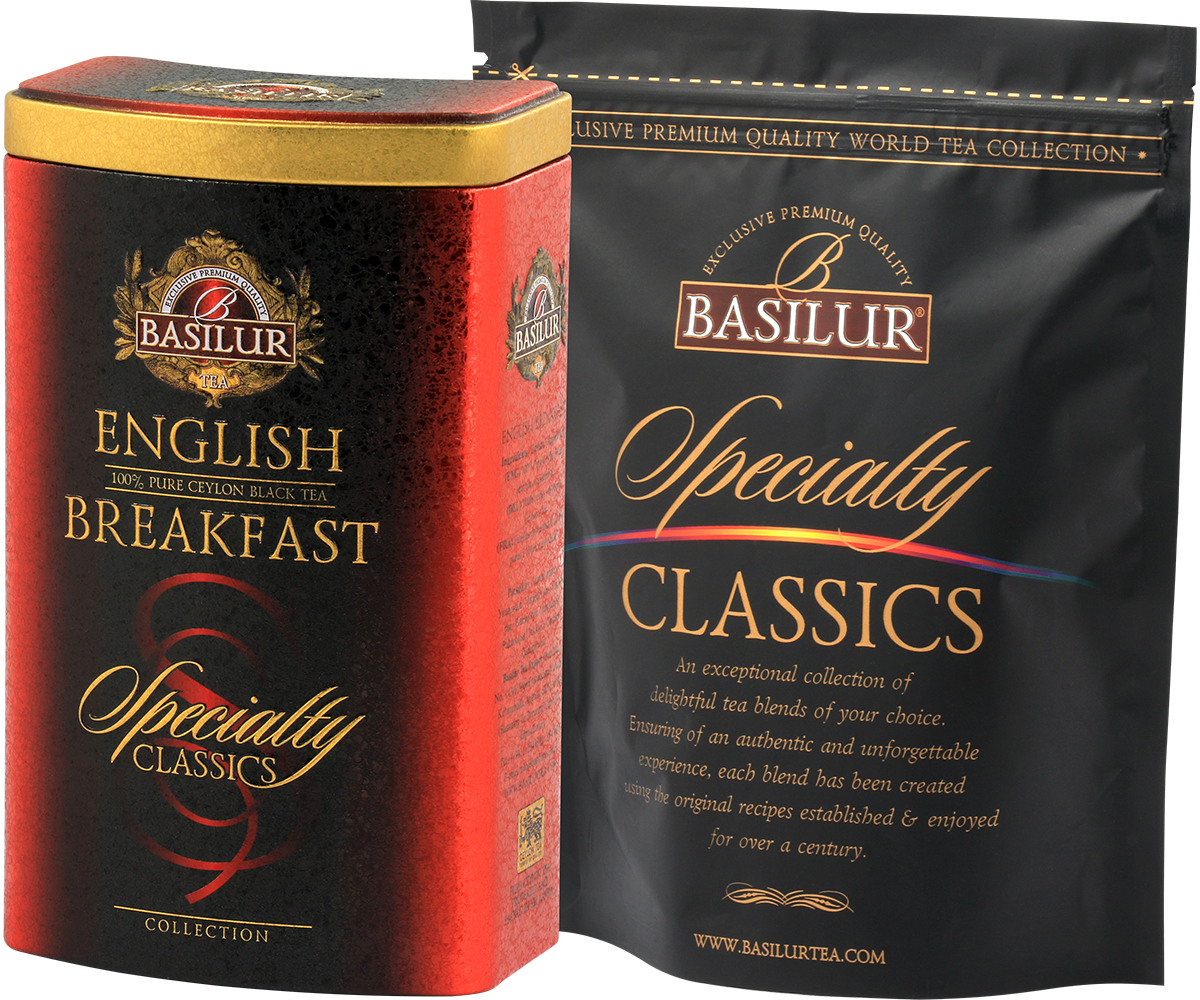 Zestaw Basilur English Breakfast – puszka i opakowanie foliowe z kolekcji Specialty Classics.