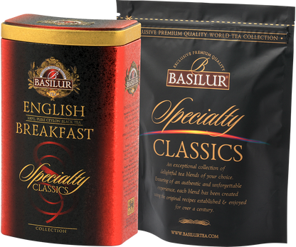 Zestaw Basilur English Breakfast – puszka i opakowanie foliowe z kolekcji Specialty Classics.