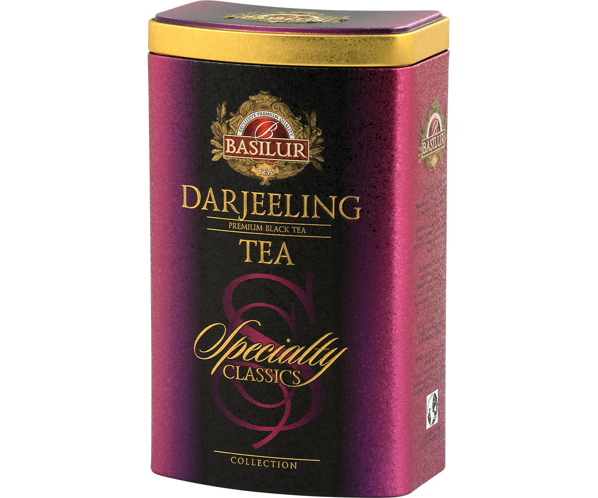 Puszka herbaty Basilur Darjeeling w odcieniach purpury i złota.