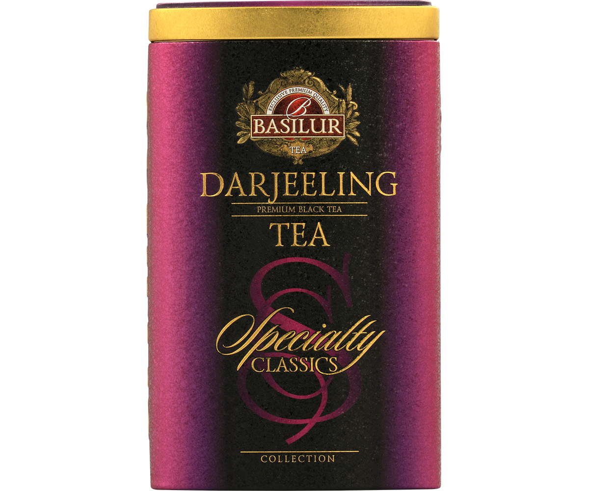 Bok puszki Basilur Darjeeling z logo i złotymi detalami.