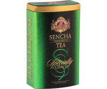 Puszka zielonej herbaty Basilur Sencha – widok z lewej strony.