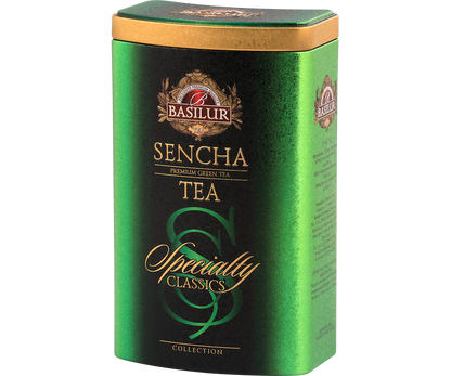 Zielona herbata Basilur Sencha – puszka z prawej strony.