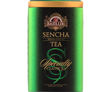 Zielona herbata Basilur Sencha w eleganckiej puszce – widok z przodu.