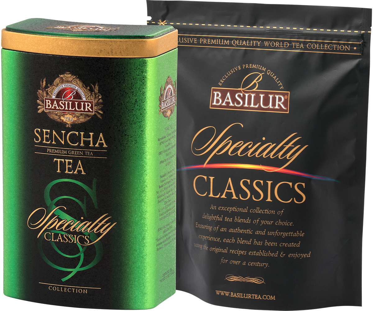 Zestaw Basilur Sencha – puszka i opakowanie foliowe z kolekcji Specialty Classics.