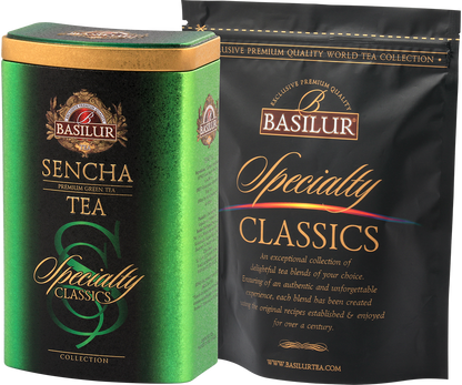 Zestaw Basilur Sencha – puszka i opakowanie foliowe z kolekcji Specialty Classics.