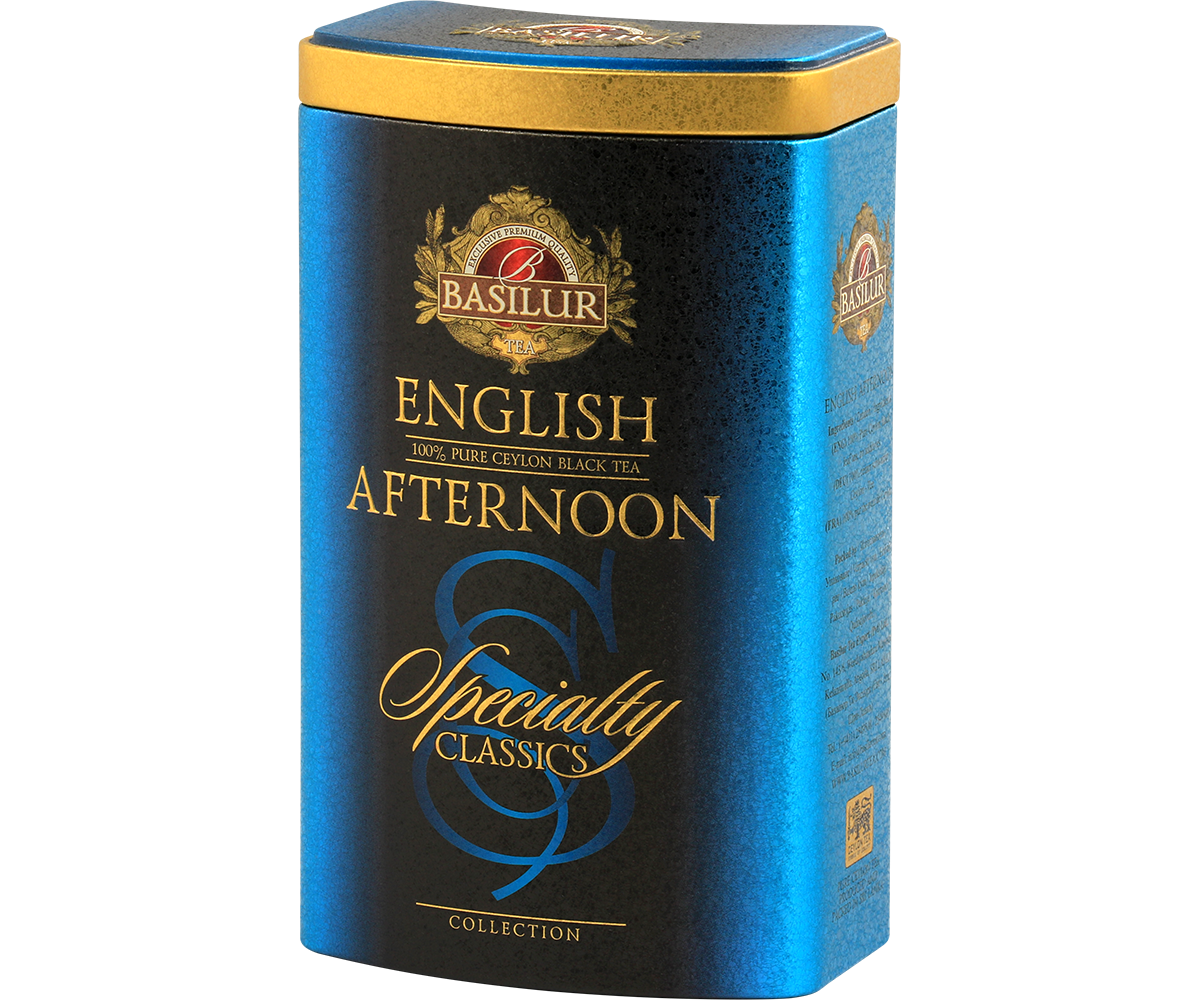 Czarna herbata Basilur English Afternoon – widok z prawej strony puszki.