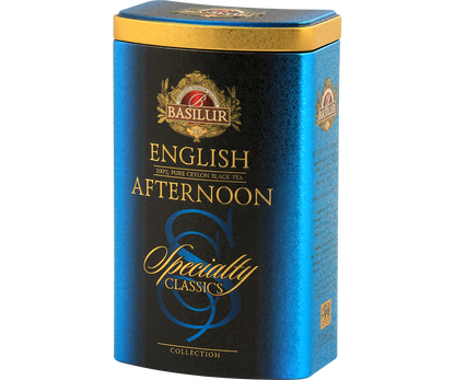 Czarna herbata Basilur English Afternoon – widok z prawej strony puszki.