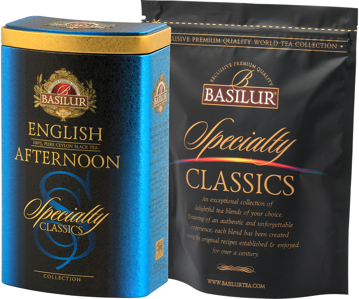 Zestaw Basilur English Afternoon – puszka i opakowanie foliowe z kolekcji Specialty Classics.