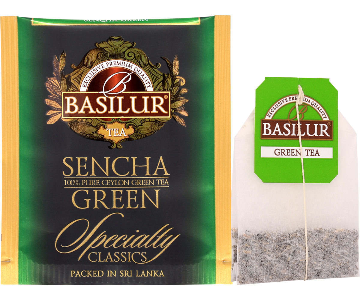 Saszetka i torebka herbaty Basilur Sencha – zielona herbata cejlońska.
