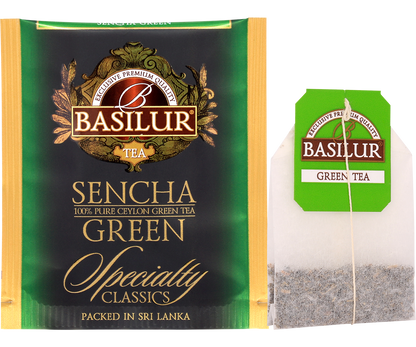 Saszetka i torebka herbaty Basilur Sencha – zielona herbata cejlońska.