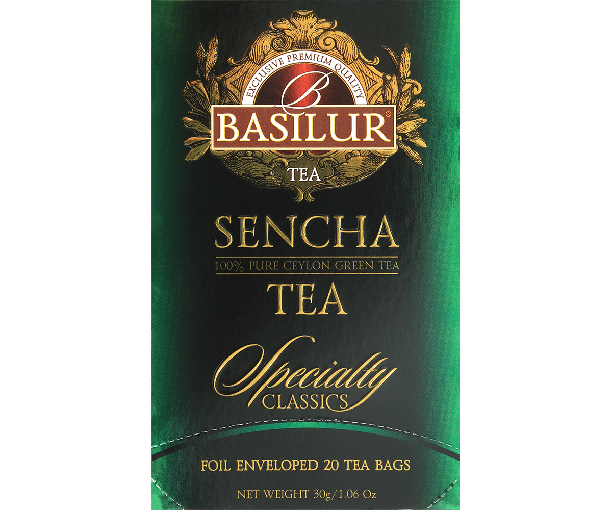 Opakowanie Basilur Sencha Specialty Classics w odcieniach zieleni i złota.