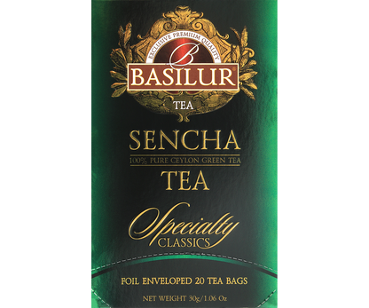 Opakowanie Basilur Sencha Specialty Classics w odcieniach zieleni i złota.