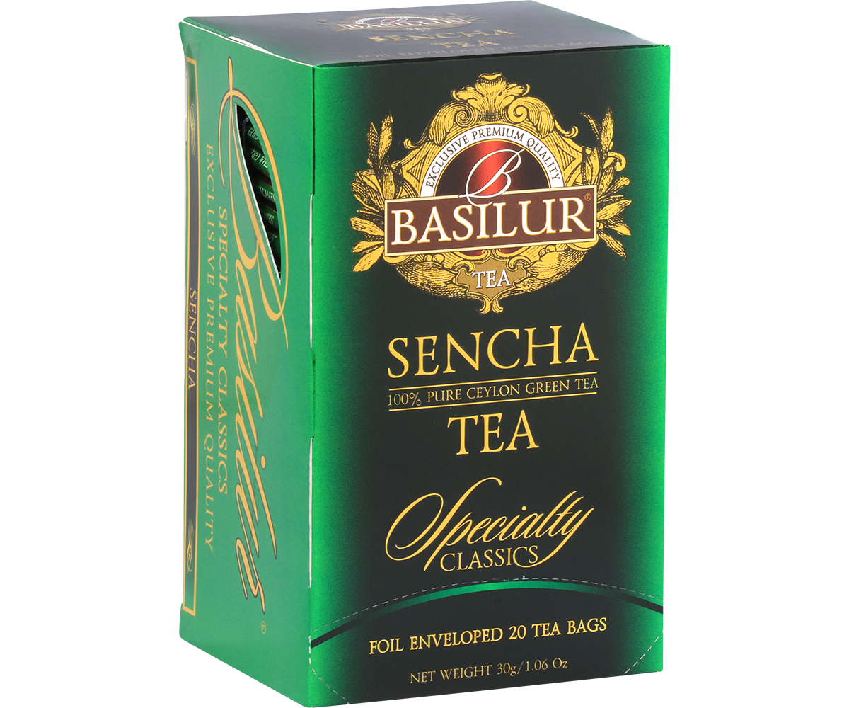 Pudełko herbaty Basilur Sencha w eleganckim, błyszczącym wykończeniu.