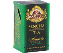 Pudełko herbaty Basilur Sencha w eleganckim, błyszczącym wykończeniu.