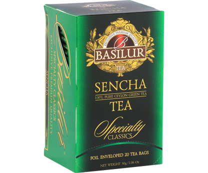 Pudełko herbaty Basilur Sencha w eleganckim, błyszczącym wykończeniu.